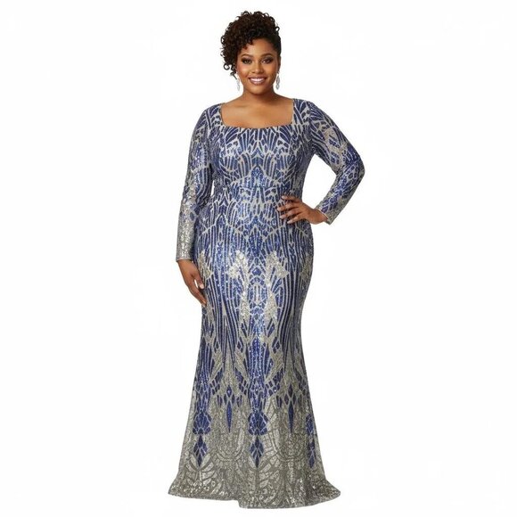 House Of Chic Dresses & Skirts - House Of Chic Curve + Plus Blue Sequined Long Sleeve Maxi Dress Size 2XL, NWT
